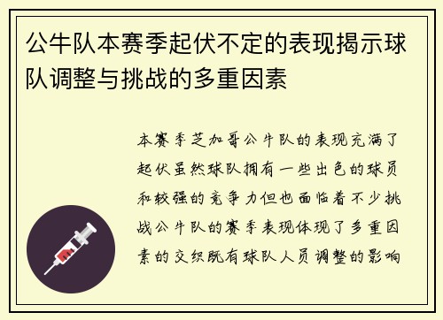 公牛队本赛季起伏不定的表现揭示球队调整与挑战的多重因素