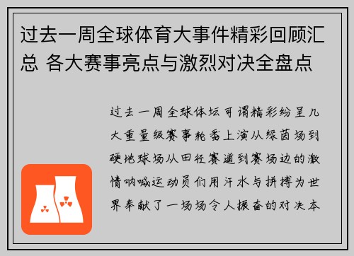 过去一周全球体育大事件精彩回顾汇总 各大赛事亮点与激烈对决全盘点