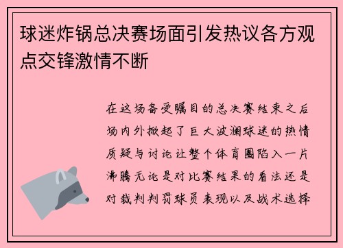 球迷炸锅总决赛场面引发热议各方观点交锋激情不断